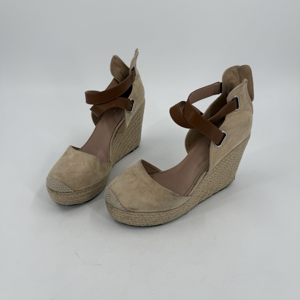 Piepiebuy Women's 8.5 Beige Suede Espadrille Wedge Sandals Ankle Strap Platform